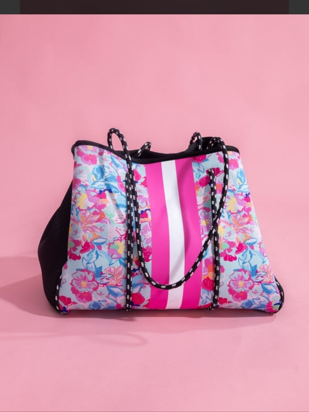 Floral Stripe Pink Tote Bag  Neoprene Watersuit Material Beach & Everyday Bag 🆕